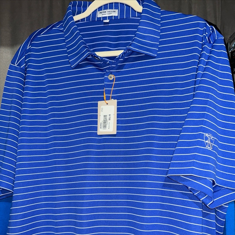 Peter Millar Men's Polo in Blue and White Stripes. XXL. NWT!